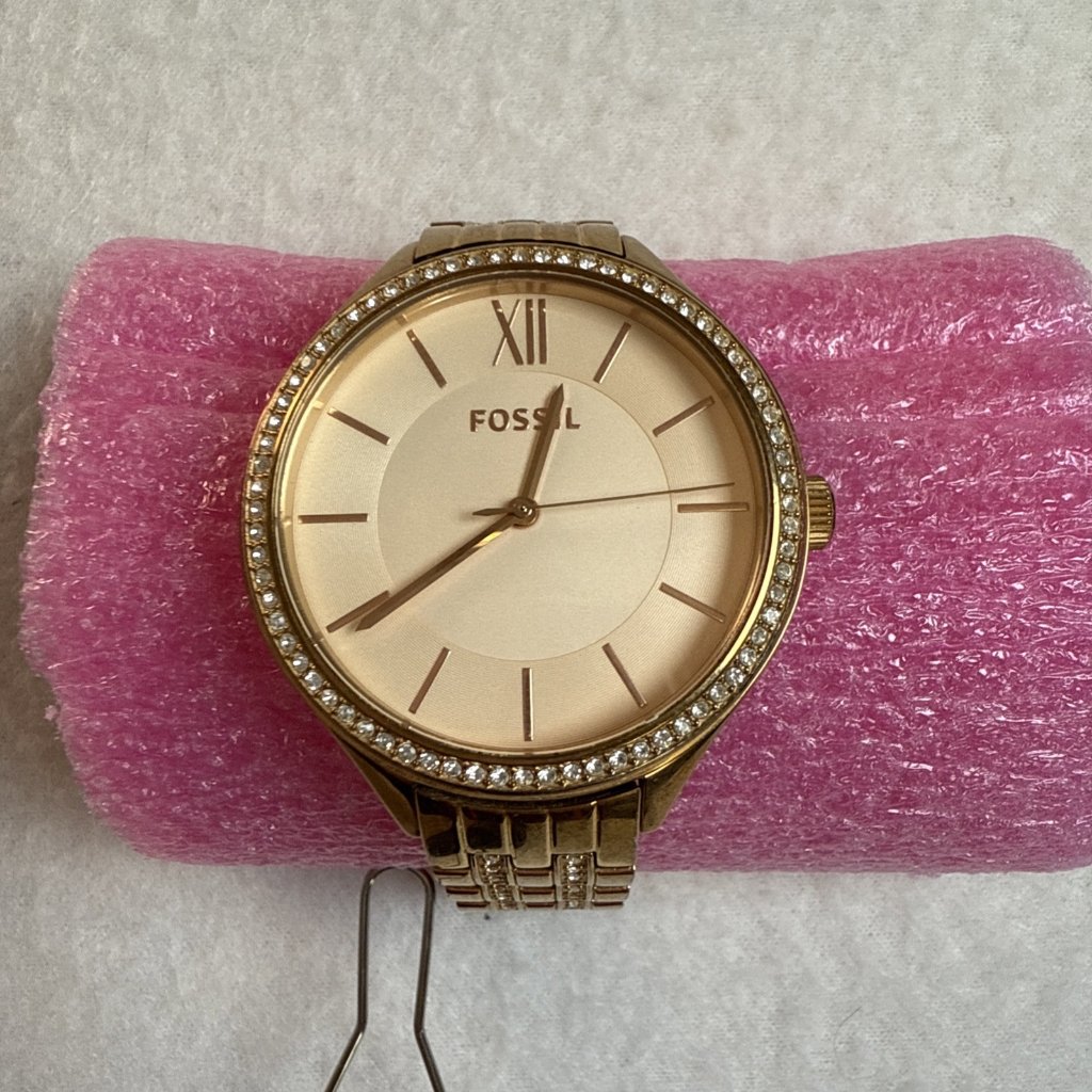 Fossil Bq3116 Gold Tone Crystal Bezel Bracelet Watch Womens Champagne Dial